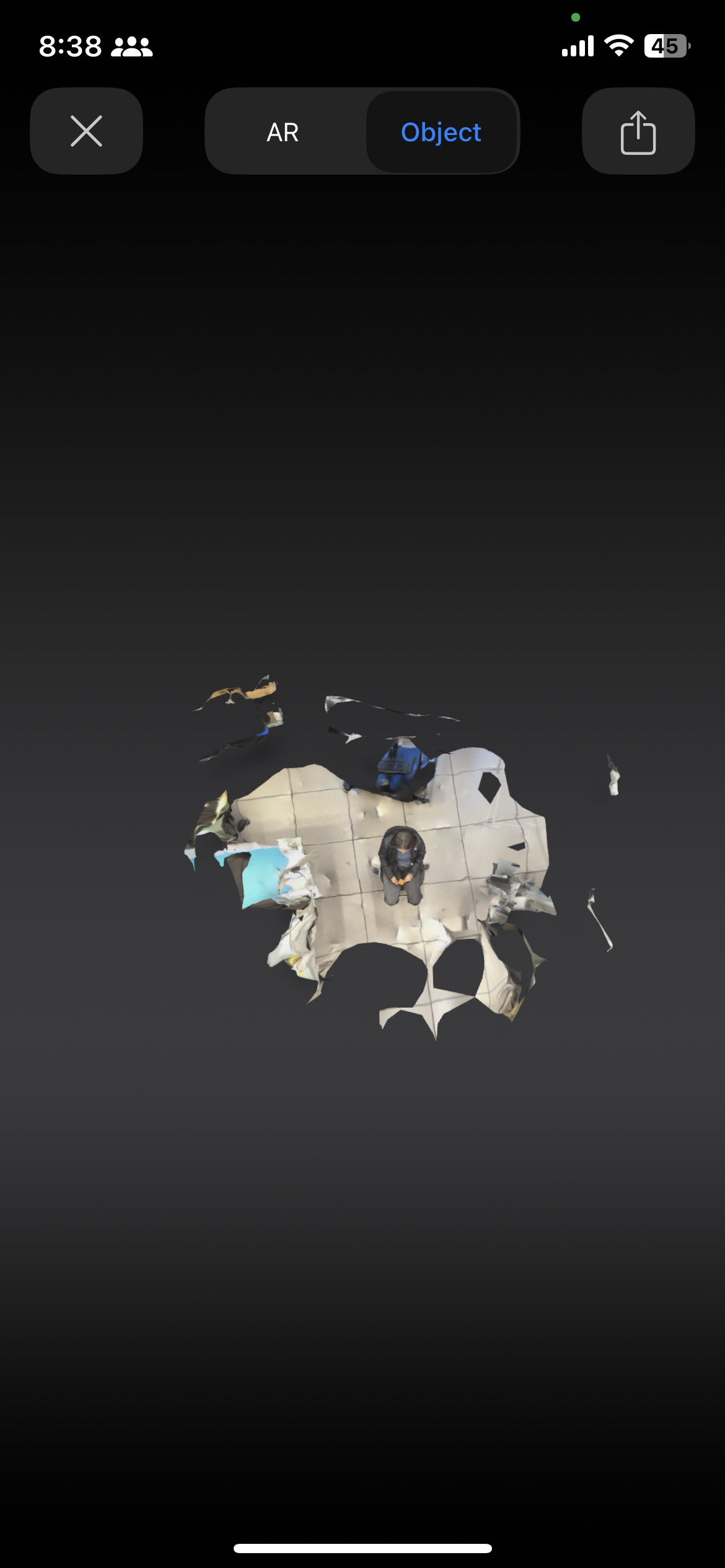 An uncropped top view of the model I am sitting in a chair, I later learned how to crop out areas which will be helpful in the future.